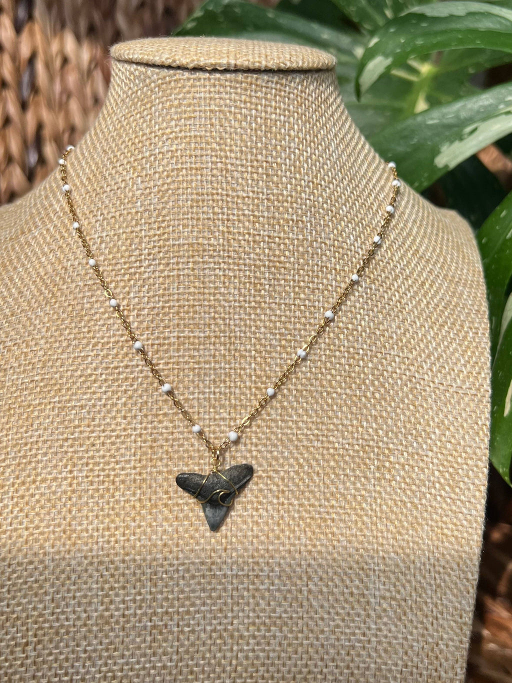 White + Gold Shark Tooth Necklace | Beach Jewelry: Basic Wire Wrap