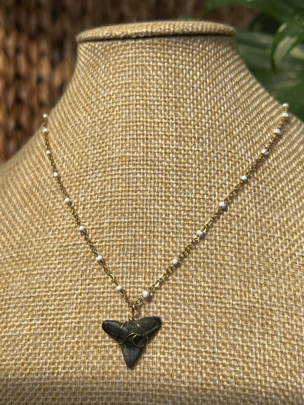 White + Gold Shark Tooth Necklace | Beach Jewelry: Basic Wire Wrap