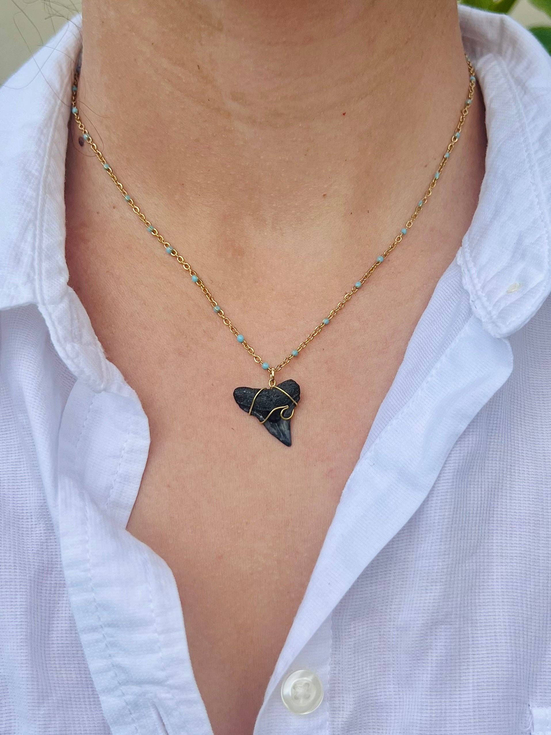 Blue + Gold Shark Tooth Necklace | Beach Jewelry: Wave Design