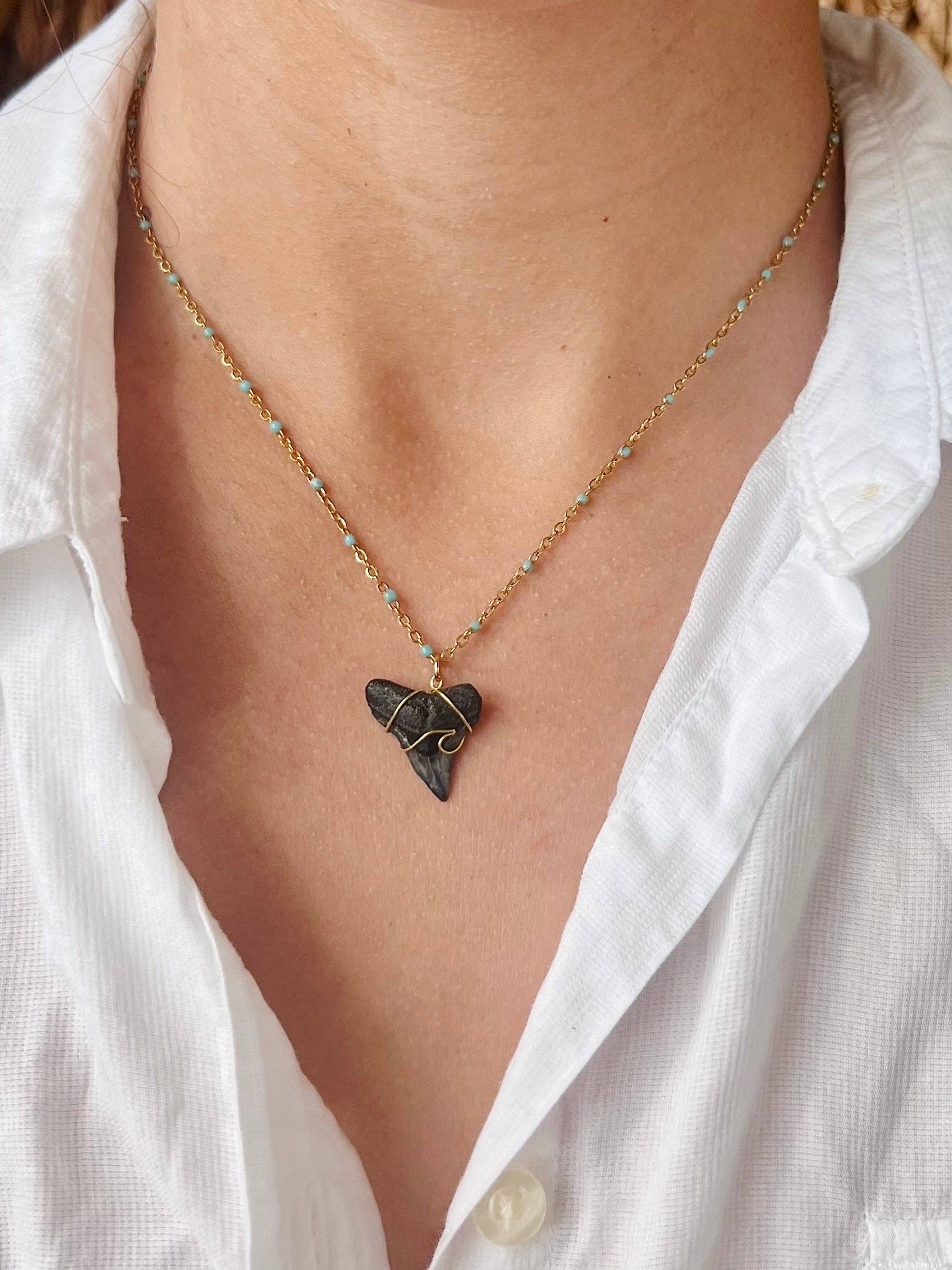 Blue + Gold Shark Tooth Necklace | Beach Jewelry: Wave Design
